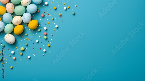 Colorful eggs with copyspace on blue background. Easter egg concept, Spring holiday