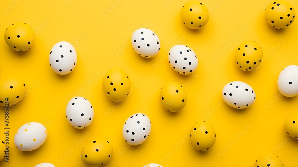 Colorful eggs with copyspace on yellow background. Easter egg concept, Spring holiday