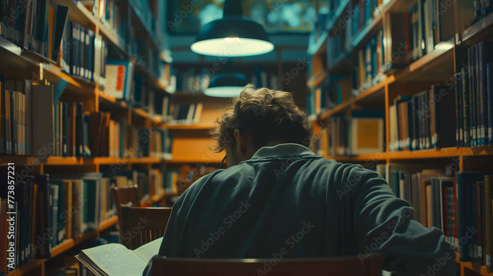 Concentrated Student Studying Hard In a Library With Cinematic Lighting