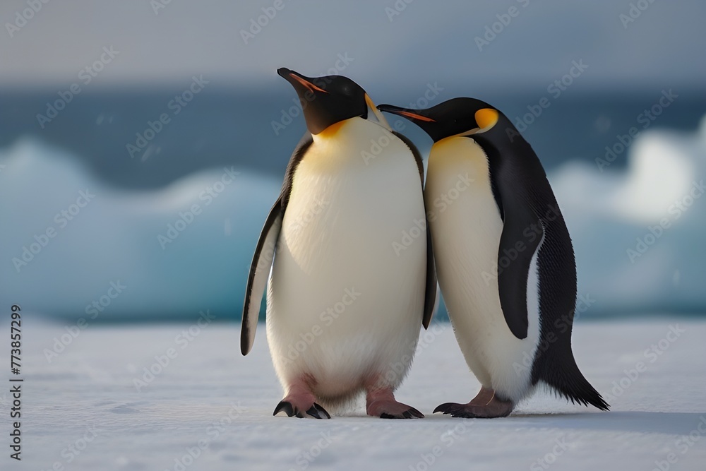 Fototapeta premium A joyful penguin couple sharing a heartwarming moment together, perhaps waddling hand in hand or exchanging affectionate gestures, surrounded by a backdrop of icy landscapes or vibrant polar scenery