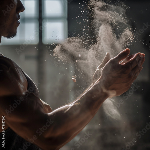 A close-up shot of a male athlete s hands clapping together with flying chalk dust  in a gym environment