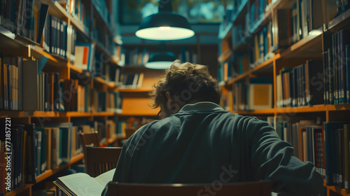 Concentrated Student Studying Hard In a Library With Cinematic Lighting