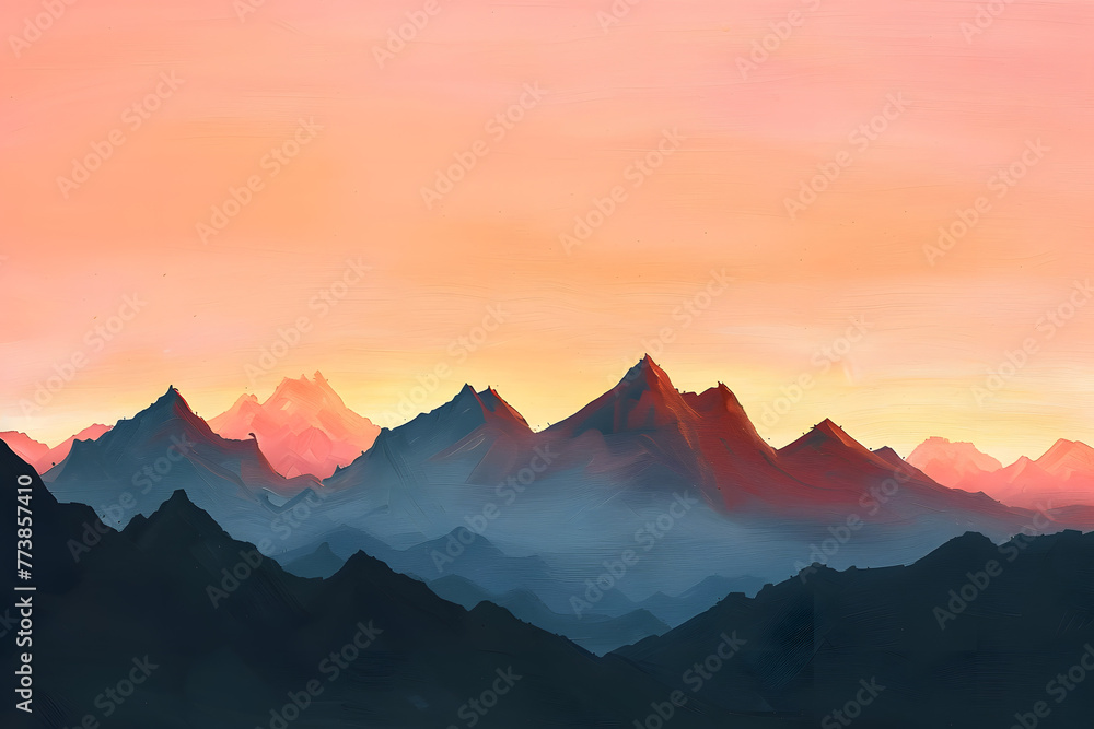 This vibrant painting captures abstract mountain silhouettes bathed in the warm, pastel colors of a sunset, creating a serene and artistic landscape.