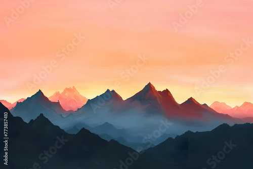 This vibrant painting captures abstract mountain silhouettes bathed in the warm, pastel colors of a sunset, creating a serene and artistic landscape. © maikuto