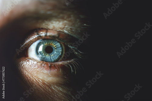 Close up of a grownup human eye, eyeball, iris, pupil, blue eyes. Man, woman. Dark background, copy space.