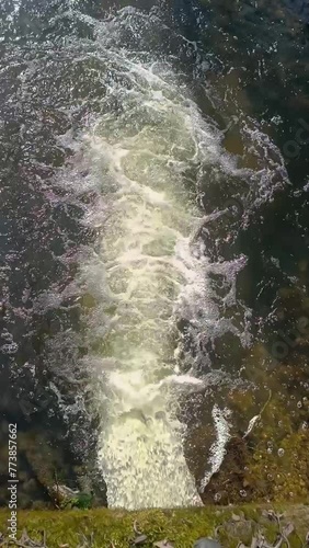 raging stream of water falling from the dam. Damm on small local waste water treatment facility plant for sorting and processing of waste water.