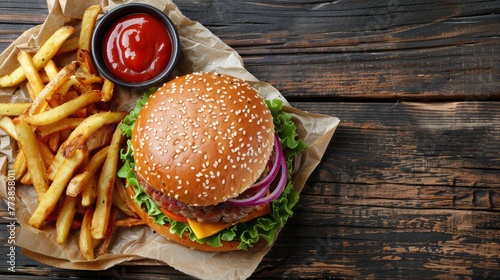 Hamburger, Fries, and Ketchup on Wooden Table