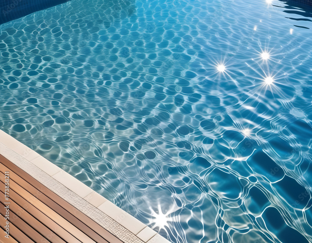 A close-up of the rippling and sparkling water surface of the pool seen from directly above. 真上から見た一面の波打って輝くプールの水面のクローズアップ