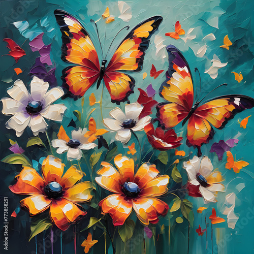 An oil masterpiece depicting the tranquil coexistence of a butterfly and delicate flowers  the canvas a tranquil reflection of the beauty of the natural world.