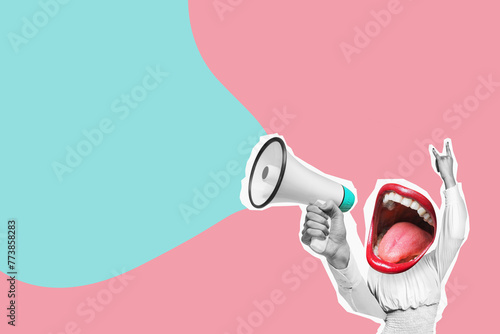 Stylish trendy collage of modern art. Crazy celebrate, announce, information - mouth screams in megaphone.