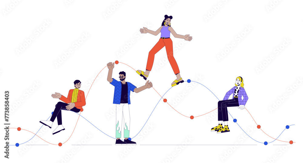 Trends graph people 2D linear illustration concept. Line chart waves, diverse adults cartoon scene on beige background. Expenses income. Comparison performance metaphor abstract flat vector graphic Trends graph people 2D linear illustration concept. Line chart waves, diverse adults cartoon scene on beige background. Expenses income. Comparison performance metaphor abstract flat vector graphic