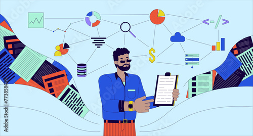 Data analyst skills 2D linear illustration concept. African-american male analysis expert holding clipboard cartoon scene on blue background. Database management metaphor abstract flat vector graphic