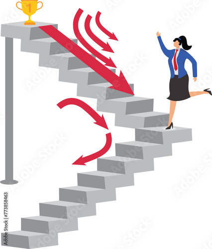 Full of courage and conviction, conquer adversity, challenge to overcome difficulties, obstacles or business problems, isometric businessman against falling arrows climbing up the stairs