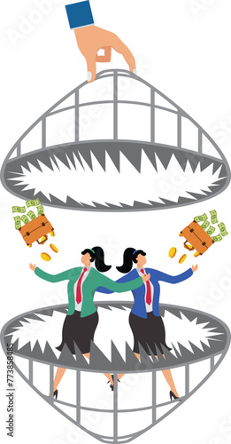 Bad decisions or failed business, financial capital traps, investment risks, Ponzi schemes, desperate businesswomen caught inside the trap