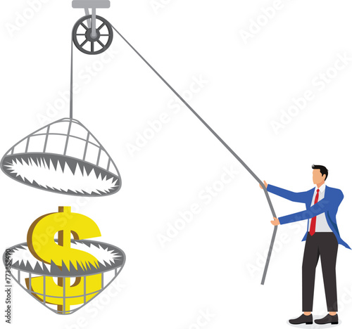 Adventure and greed, the lure of money, danger and fraud, financial scams and victims, isometric cunning businessmen pulling the chains of the trap to try to take away the dollars inside the trap