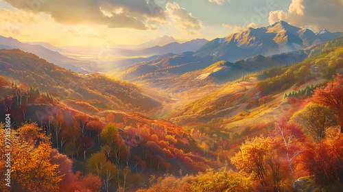 The warm glow of sunset bathes an autumnal mountain landscape in golden hues, highlighting the vibrant fall foliage and serene beauty.