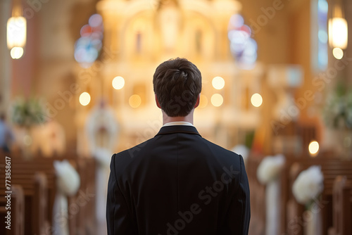 Man in suit standing in church, back view