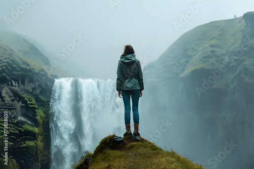 A lone individual stands before the powerful cascade of a waterfall, surrounded by the icy allure of nature's grandeur.