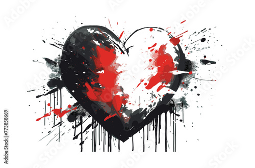 Heart made of splashes and drops of red and black paint on a black background. Valentine's day card. Valentine's day. Love concept. Broken heart vector art painting illustration