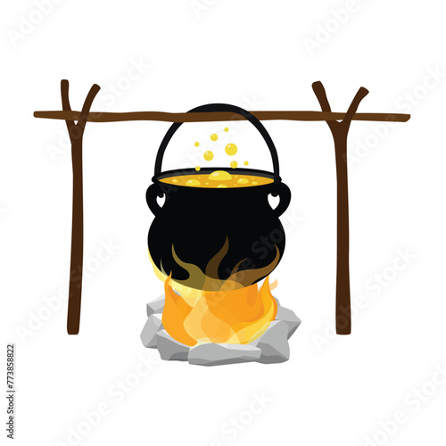 Cooking in pot over campfire isolated on white background. Camping pot over bonfire