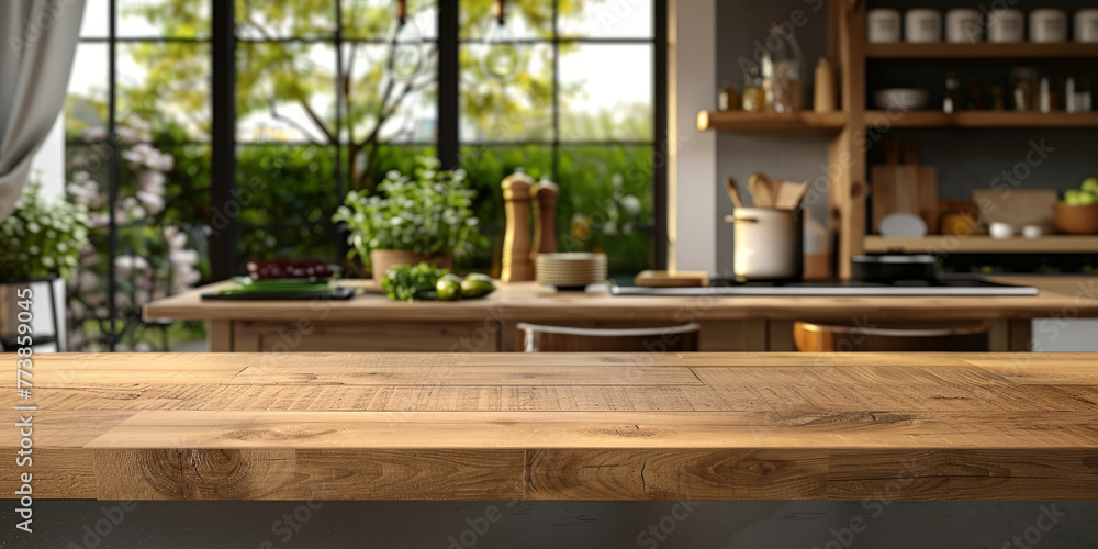 mpty wood table top counter on modern kitchen interior background , empty wooden table in room background ,Banner, Ready for product display