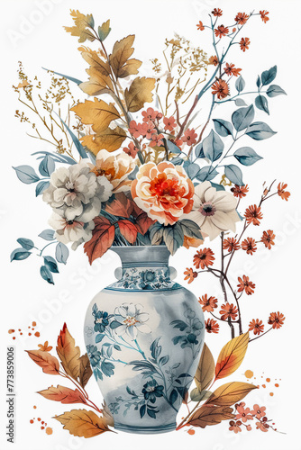 Flowers and vase, illustration for as a background.
