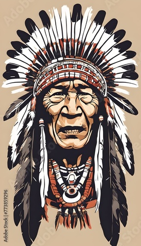 a vector illustration of an elderly Indian chief wearing a traditional headdress. native. indigenous