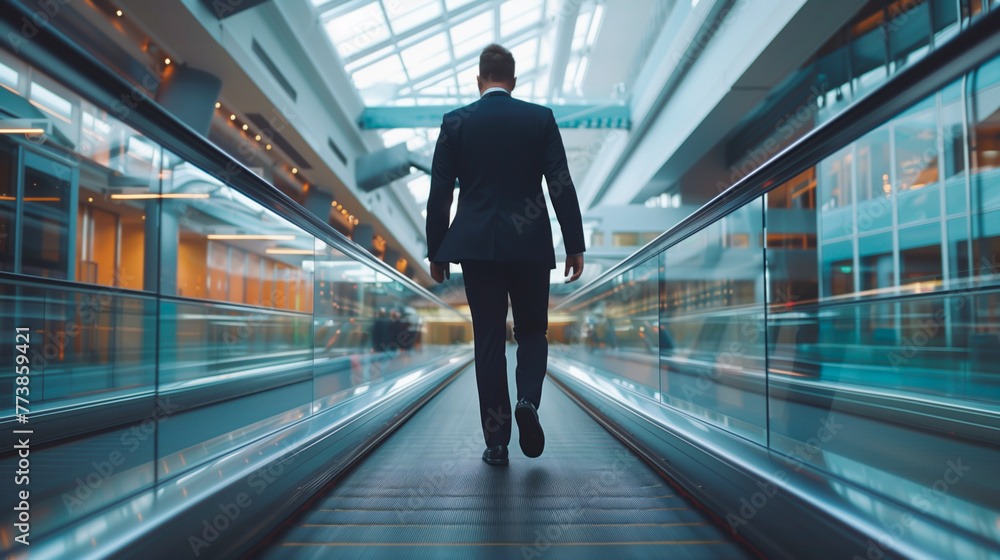Businessman on the move in a modern transit space.

