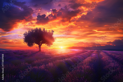 The sun sets in a dramatic sky over rolling lavender fields, with a solitary tree standing as a poignant symbol of natural beauty and tranquility.