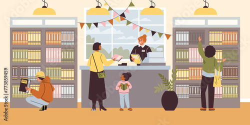 Bookstore activity and interaction vector illustration
