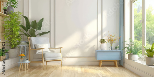 empty White wall with wooden floor and light blue armchair in a minimal interior living room, Minimalist home design © Planetz