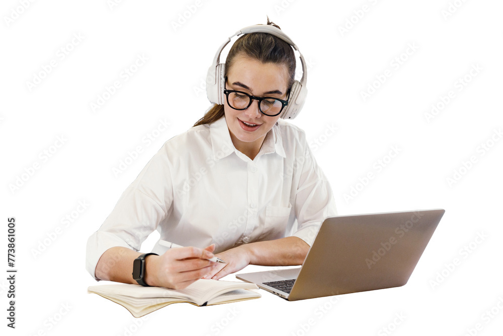 A student, a woman with headphones, is using a laptop and a tablet for online education. Transparent background.
A student, a woman with headphones, is using a laptop and a tablet for online education. Transparent background.