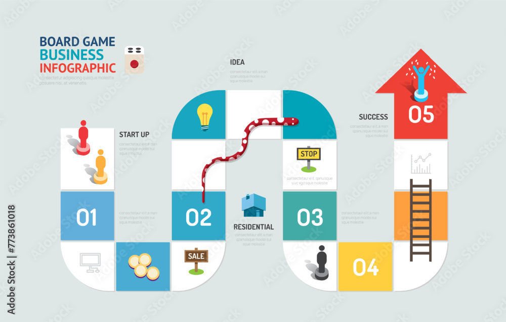 Business board game concept arrow start up infographic 5 step to successful,vector illustration