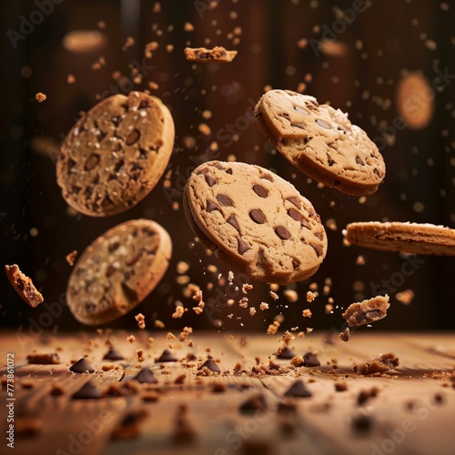 delicious cookies floating in the air, professional food photography, studio background, advertising photography, cooking ideas