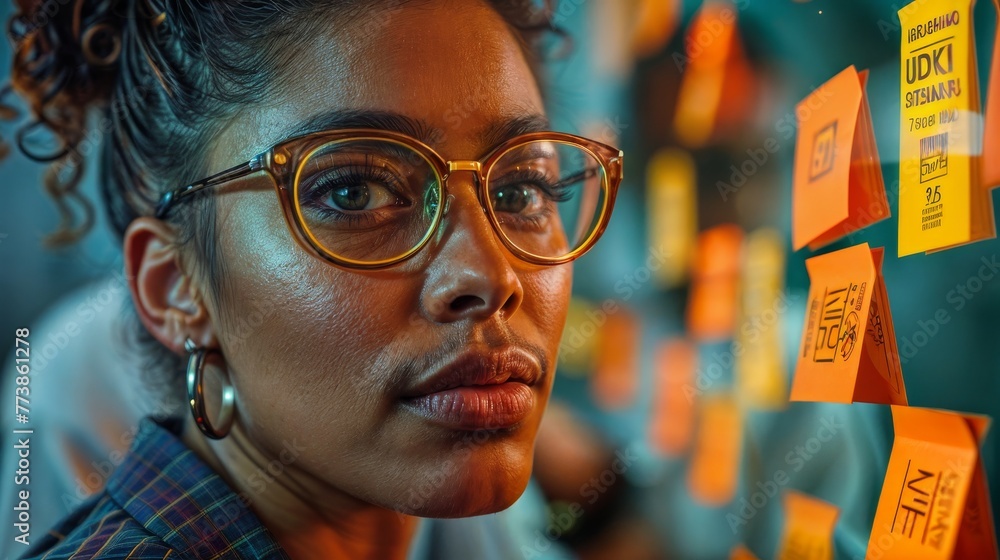 In the image, there is a woman wearing glasses looking at a wall filled with sticky notes. In the image, there is a woman wearing glasses looking at a wall filled with sticky notes.