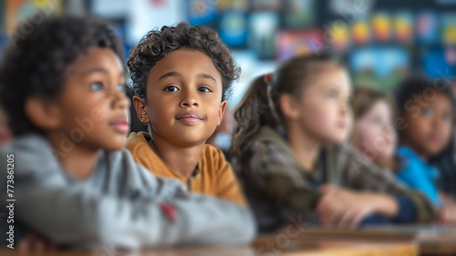 A diverse group of young african american kids or student  sits attentively in a classroom, their eyes focused and eager, embodying the joy of learning for Back to school. © InkCrafts