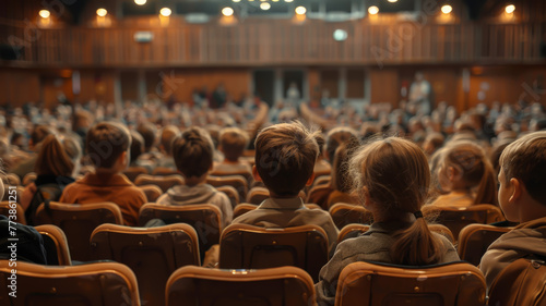 School children seated in an auditorium, viewed from behind, create a sense of anticipation and community during an educational event or presentation. photo
