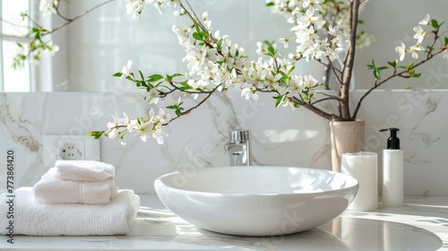 Modern Bathroom With Marble Counter Top and White Bowl Sink