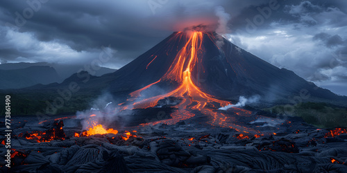 Burning volcano with lava on dark background 