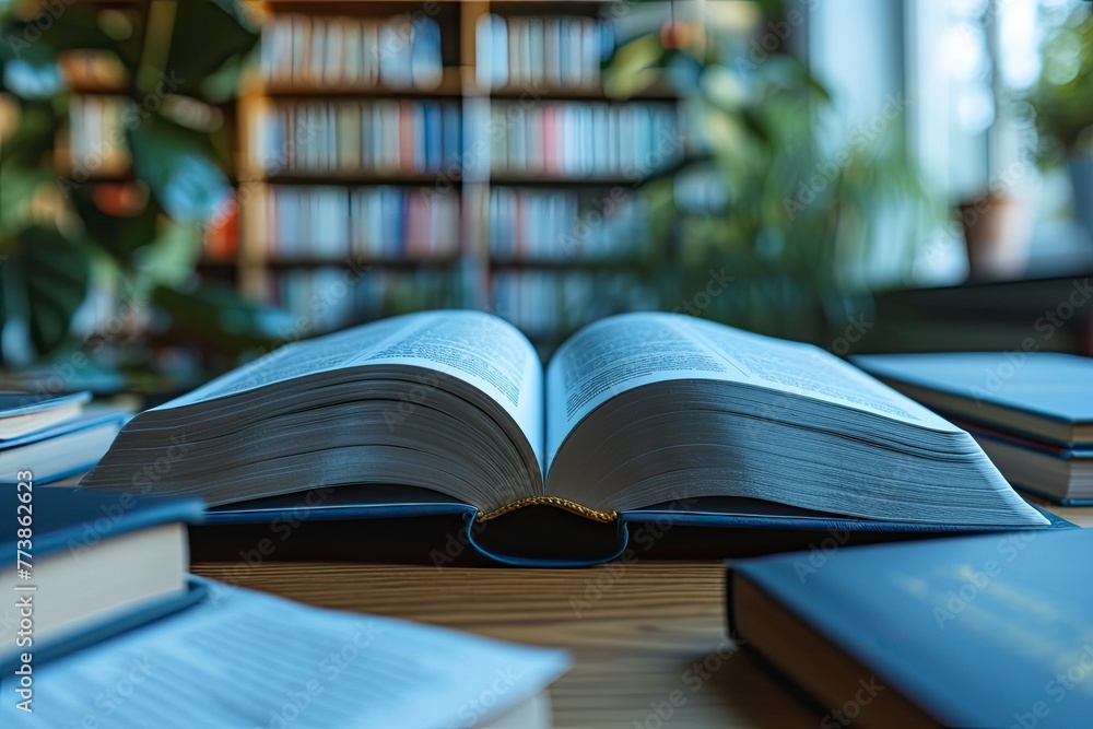 Fototapeta premium Open book on the table. Education, reading and knowledge is banner backagrund. Study at university or school concept, Bright color, ultra realistic with generative ai