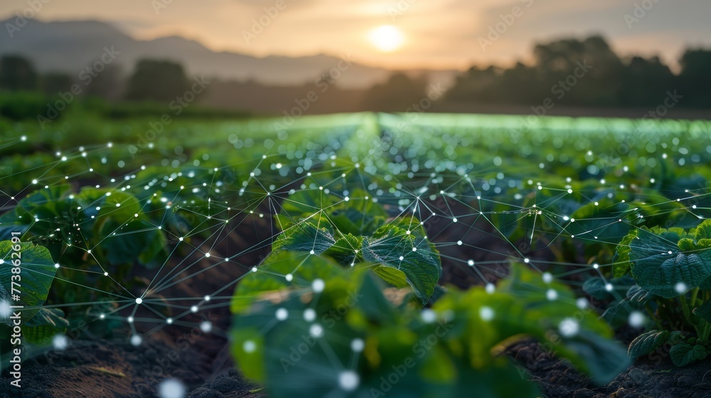 A field of green plants with a network of white dots connecting them. Concept of interconnectedness and growth, as the plants are all linked together in a web-like pattern A field of green plants with a network of white dots connecting them. Concept of interconnectedness and growth, as the plants are all linked together in a web-like pattern