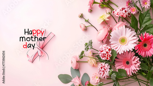 Happy Mother's Day. Beautiful ranunculus flowers on light pink background, flat lay