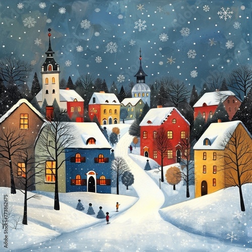 Snowy Village Painting With Church