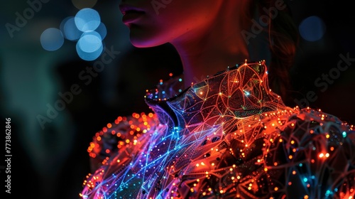 A woman is wearing a dress with a lot of lights on it. The dress is very colorful and has a futuristic look to it. The lights on the dress create a sense of movement and energy