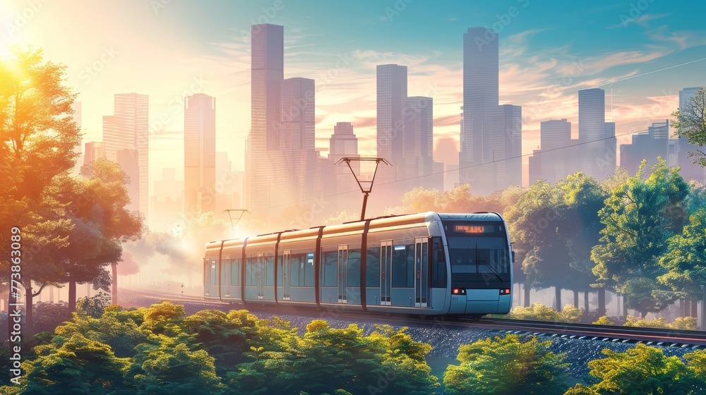 Obraz premium A train is traveling through a forest and city. The train is on a track and is surrounded by trees. The city is in the background and the sky is blue