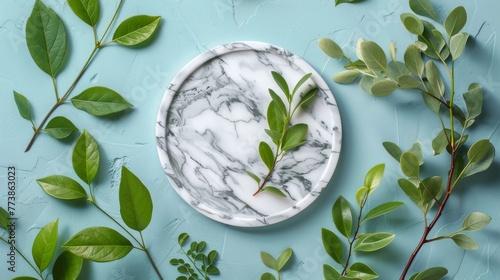 Marble Plate Surrounded by Green Leaves
