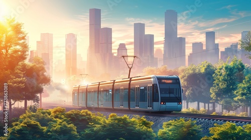 A train is traveling through a forest and city. The train is on a track and is surrounded by trees. The city is in the background and the sky is blue