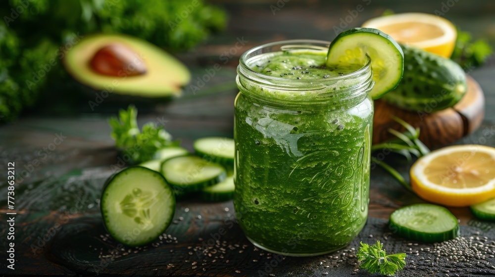 Green Liquid Filled Jar Surrounded by Sliced Cucumbers Green Liquid Filled Jar Surrounded by Sliced Cucumbers