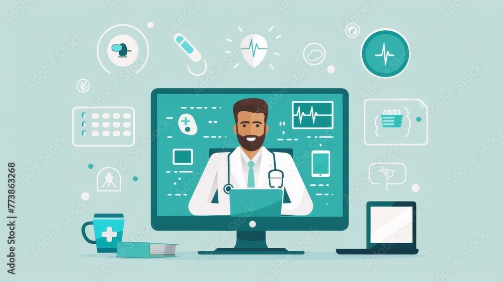 A man is sitting in front of a computer screen with a smiling face. The screen is filled with various medical items such as a stethoscope, a thermometer, and a syringe A man is sitting in front of a computer screen with a smiling face. The screen is filled with various medical items such as a stethoscope, a thermometer, and a syringe
