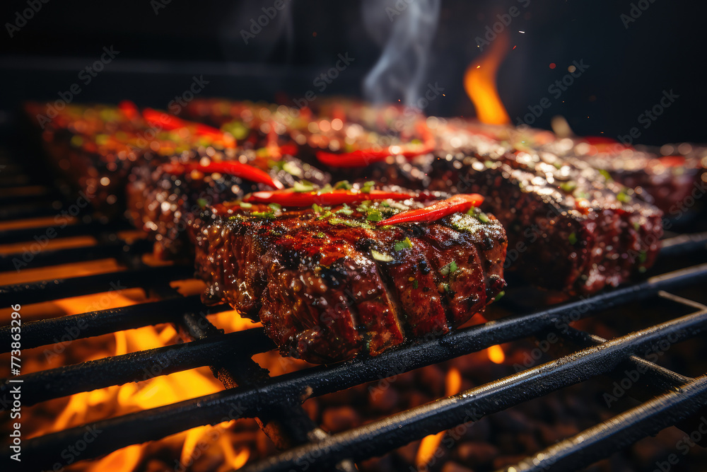 Sizzling aromatic steaks cooking on the hot grill, delicious bbq grilling scene Sizzling aromatic steaks cooking on the hot grill, delicious bbq grilling scene
